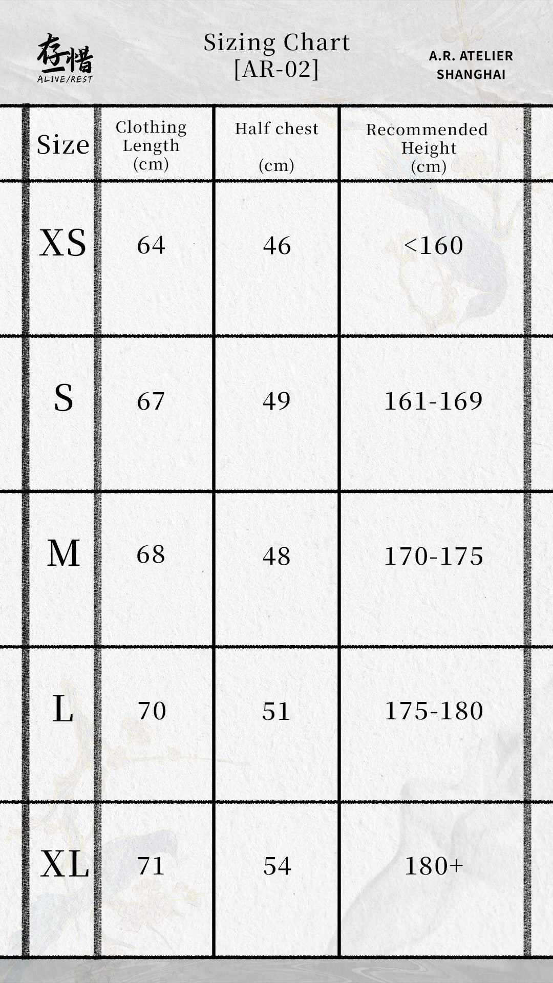 Sizing chart
