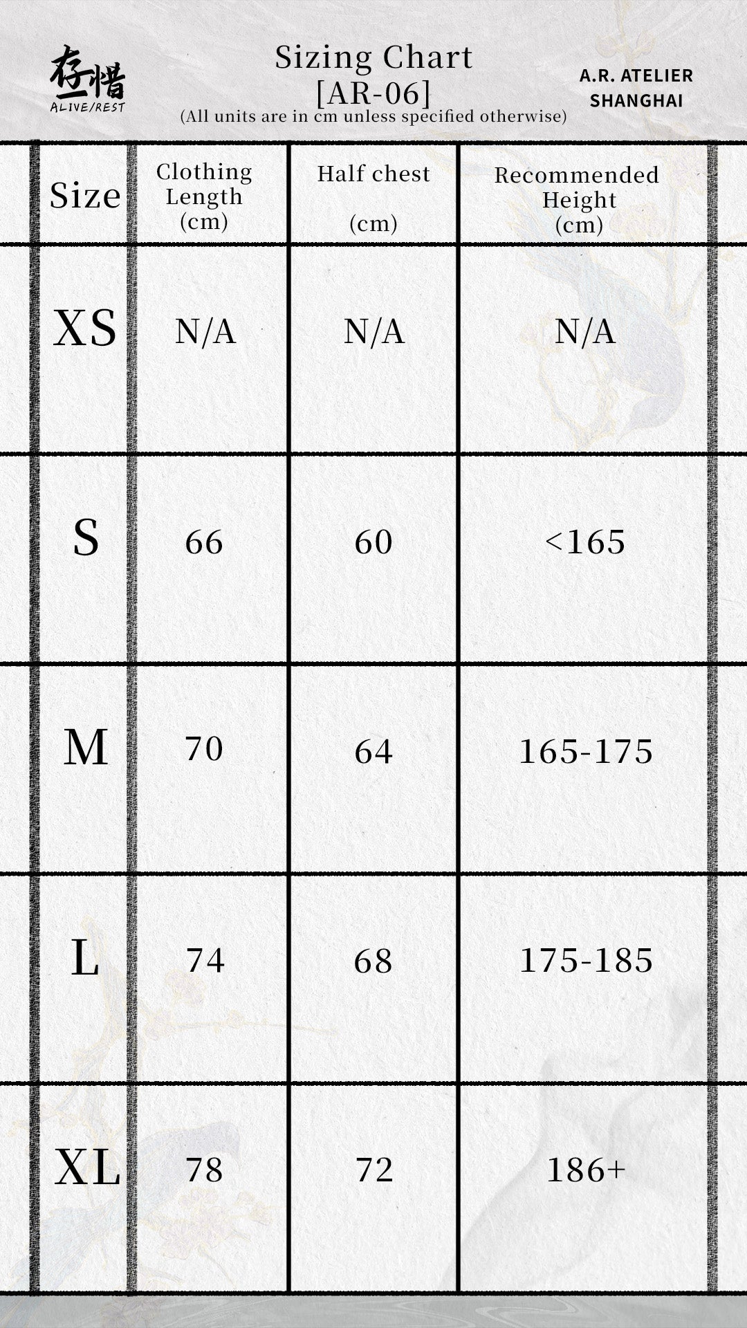 Sizing chart