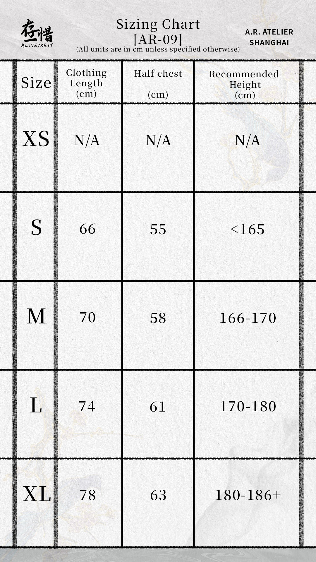 Sizing chart