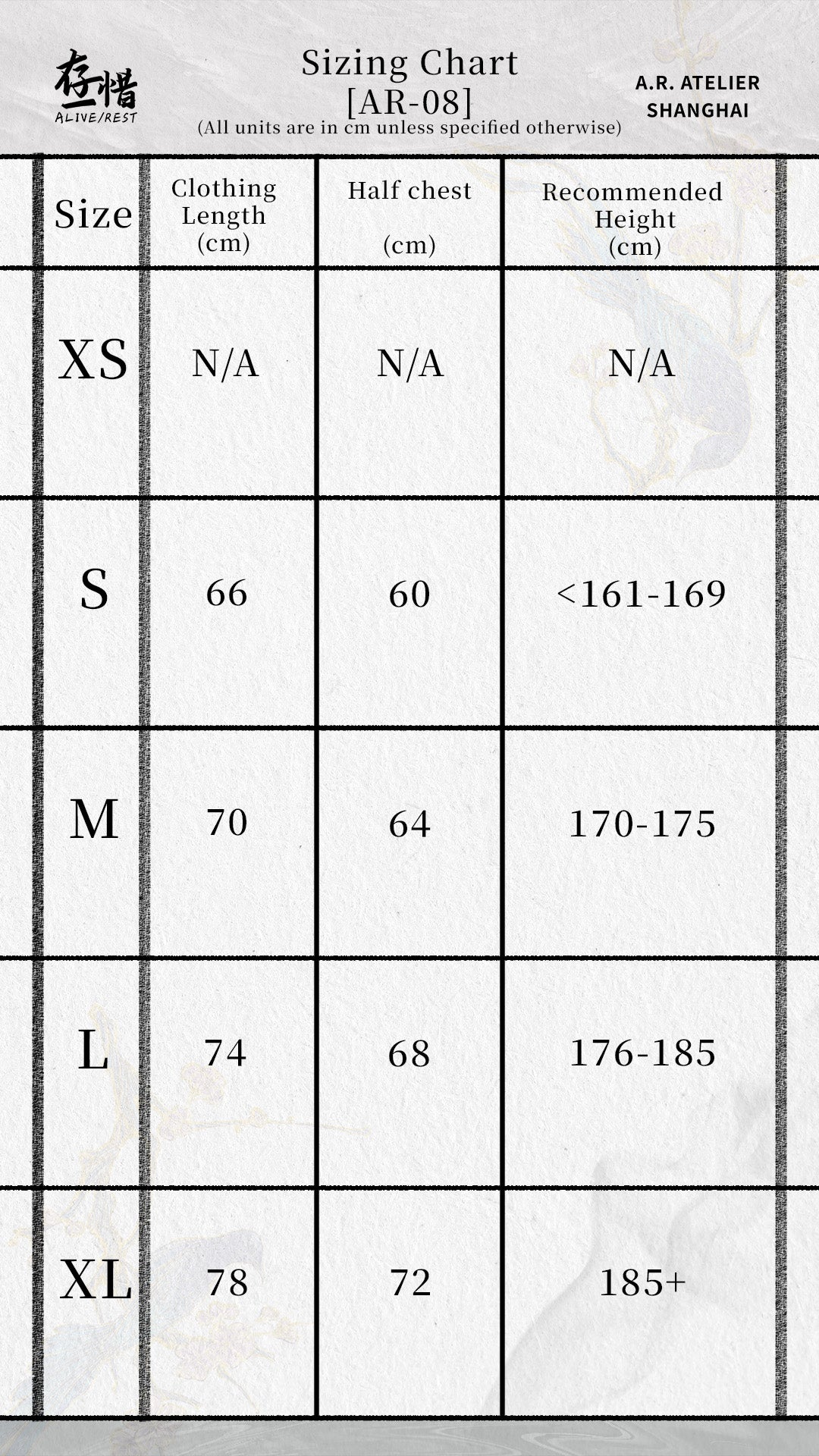 Sizing chart
