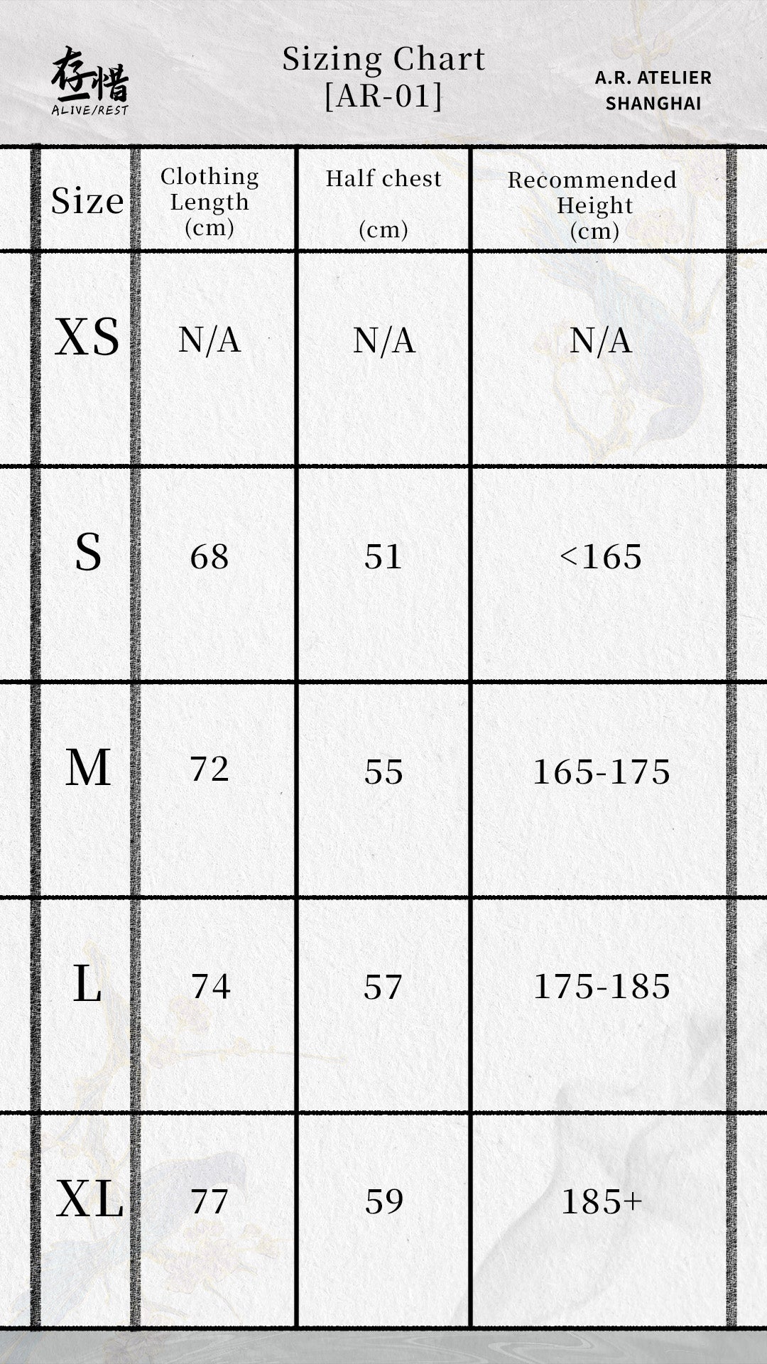 Sizing chart
