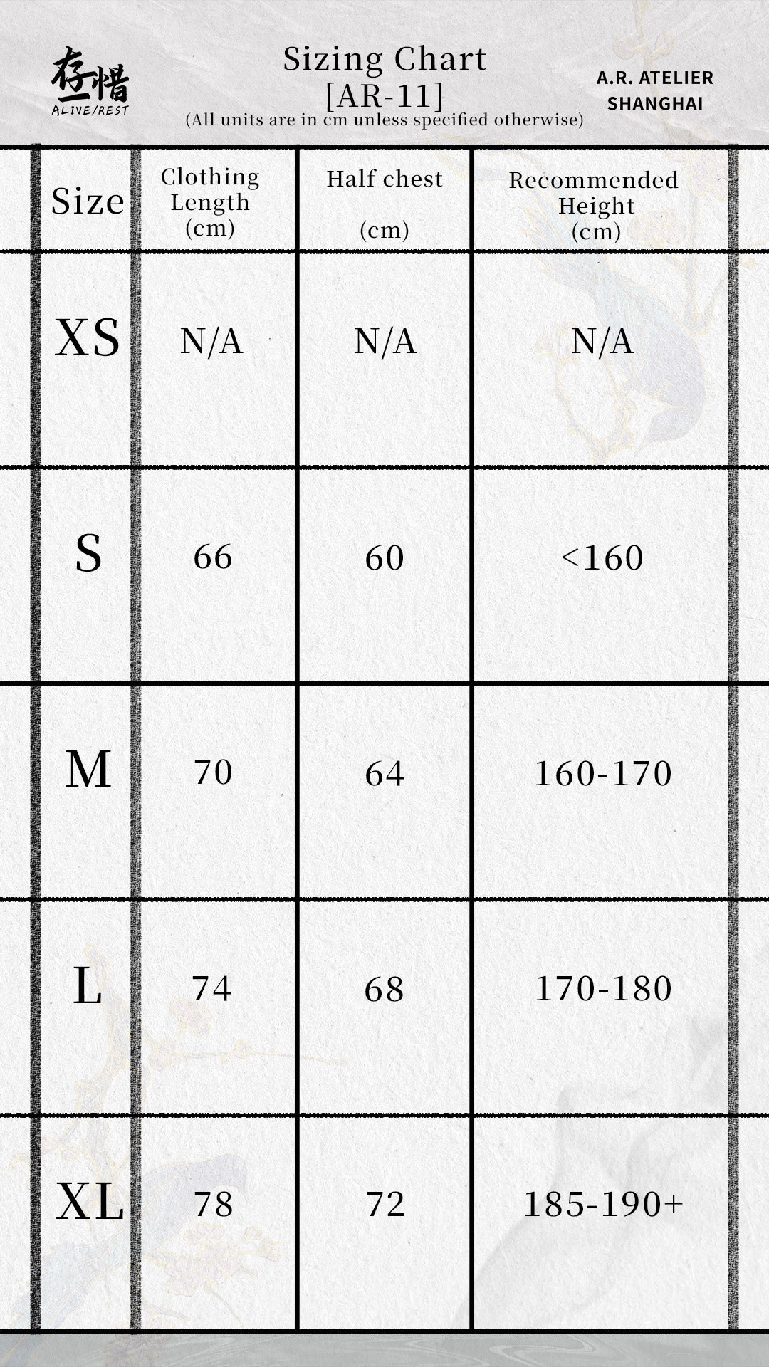Sizing chart
