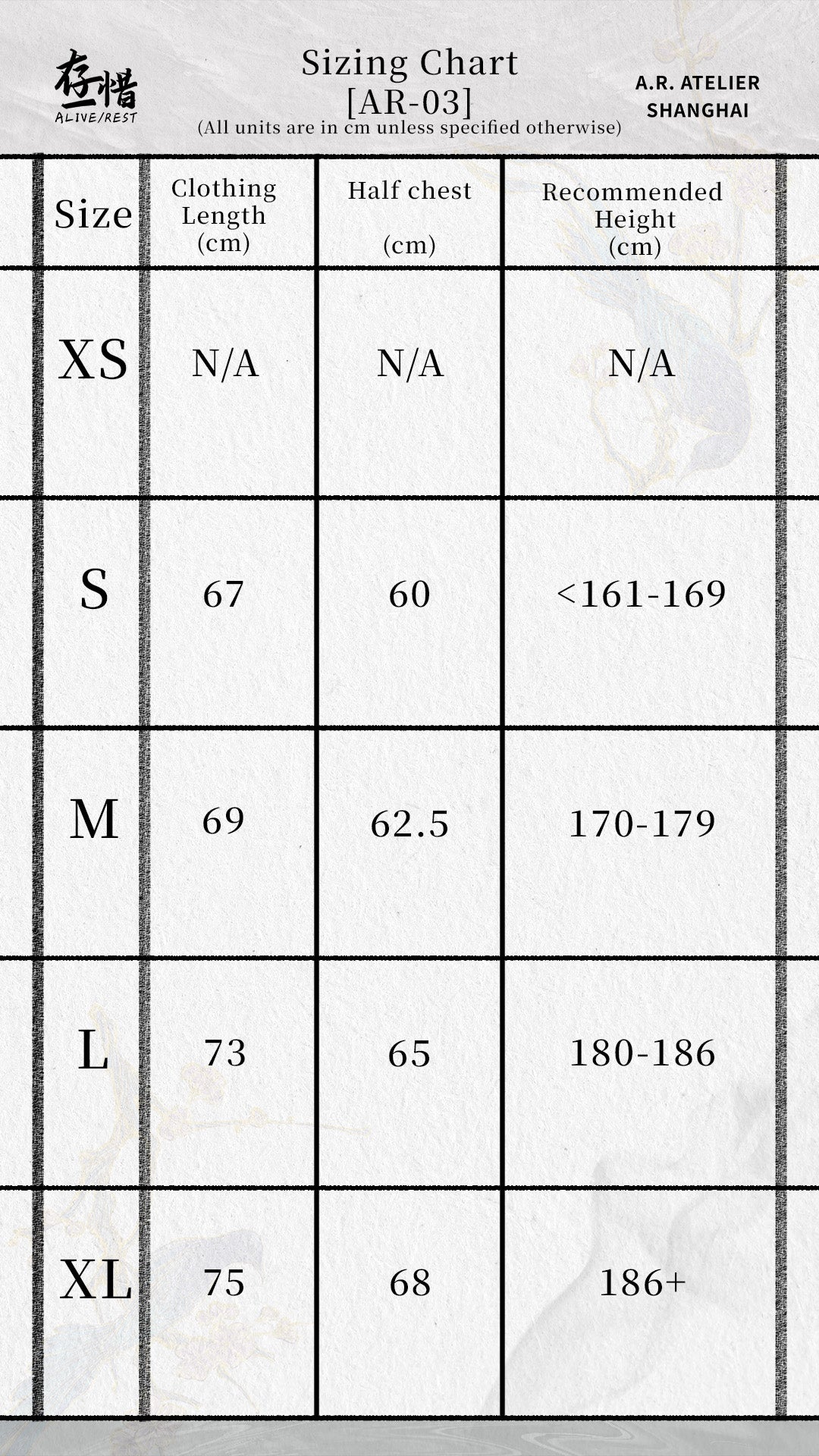 Sizing chart